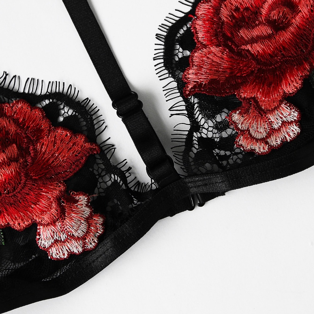 Rose Embroidered Black Lace Choker Bralette - Picture 3 of 4